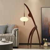 Mantis Wood Sculptural Floor Lamp with Silk Shade for Modern Ambient Living Room Lighting
