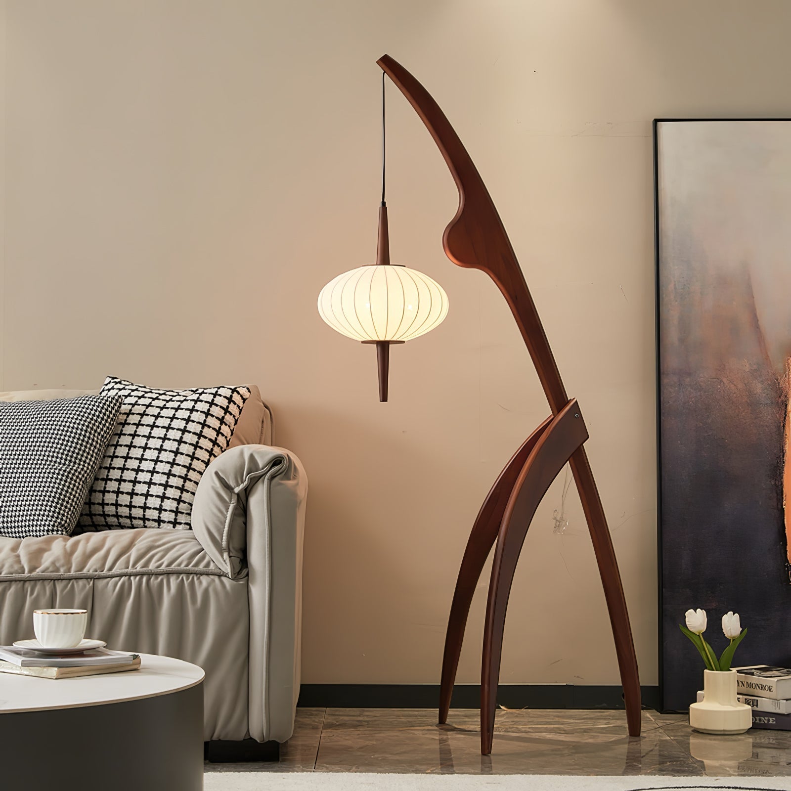 Mantis Wood Sculptural Floor Lamp with Silk Shade for Modern Ambient Living Room Lighting