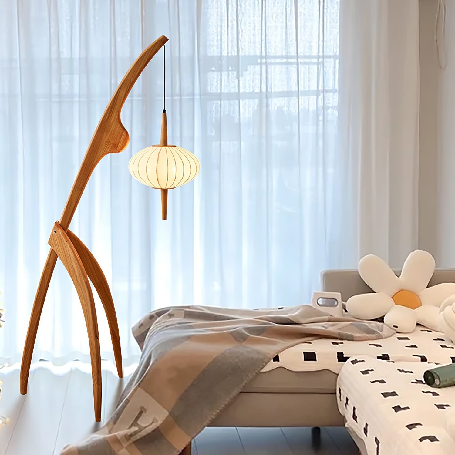 Mantis Wood Sculptural Floor Lamp with Silk Shade for Modern Ambient Living Room Lighting