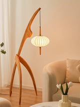 Mantis Wood Sculptural Floor Lamp with Silk Shade for Modern Ambient Living Room Lighting