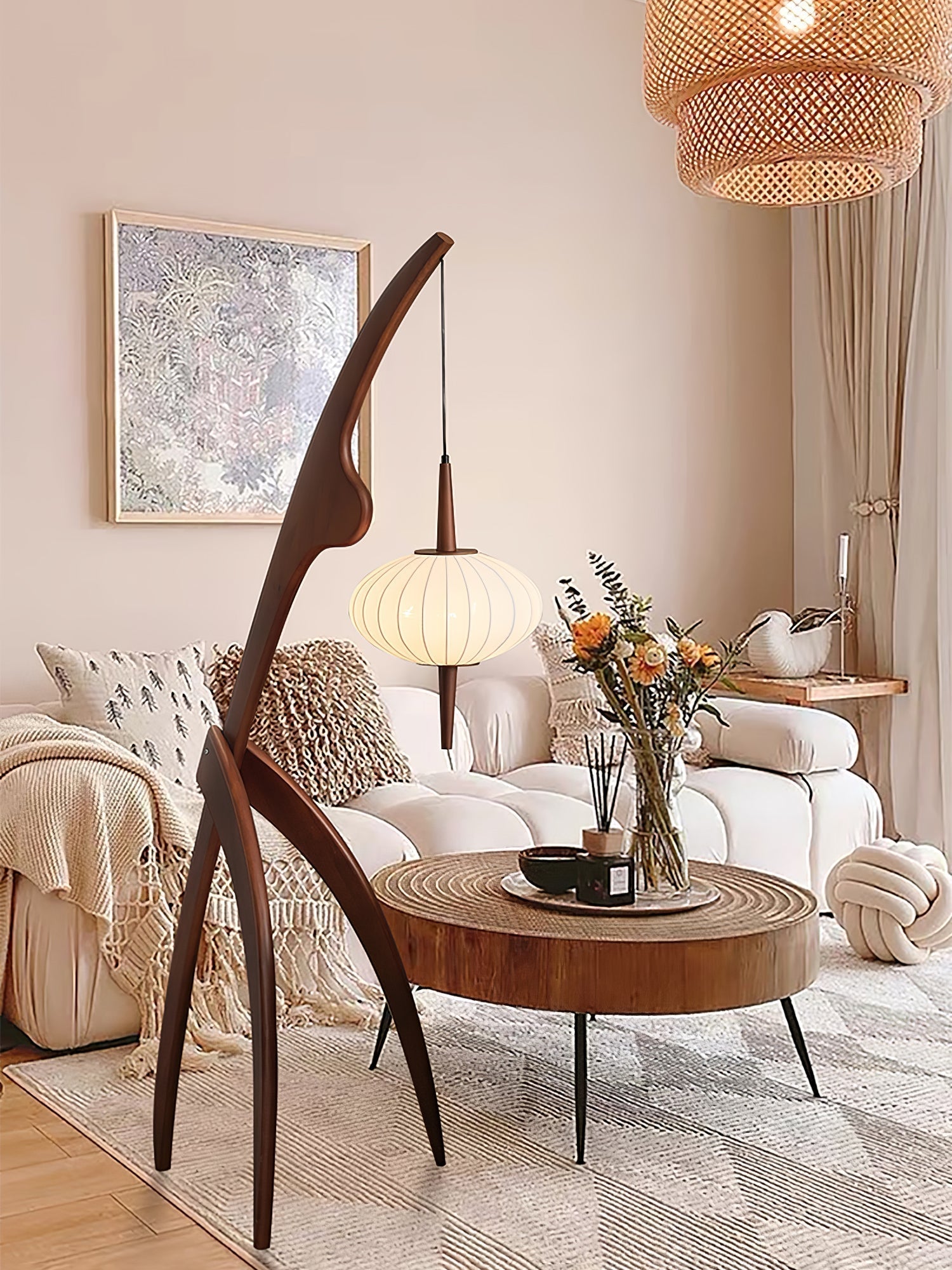 Mantis Wood Sculptural Floor Lamp with Silk Shade for Modern Ambient Living Room Lighting