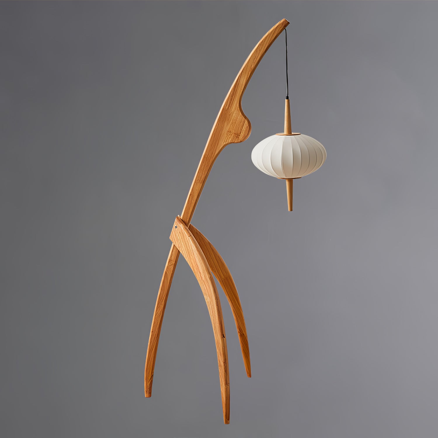 Mantis Wood Sculptural Floor Lamp with Silk Shade for Modern Ambient Living Room Lighting