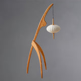Mantis Wood Sculptural Floor Lamp with Silk Shade for Modern Ambient Living Room Lighting