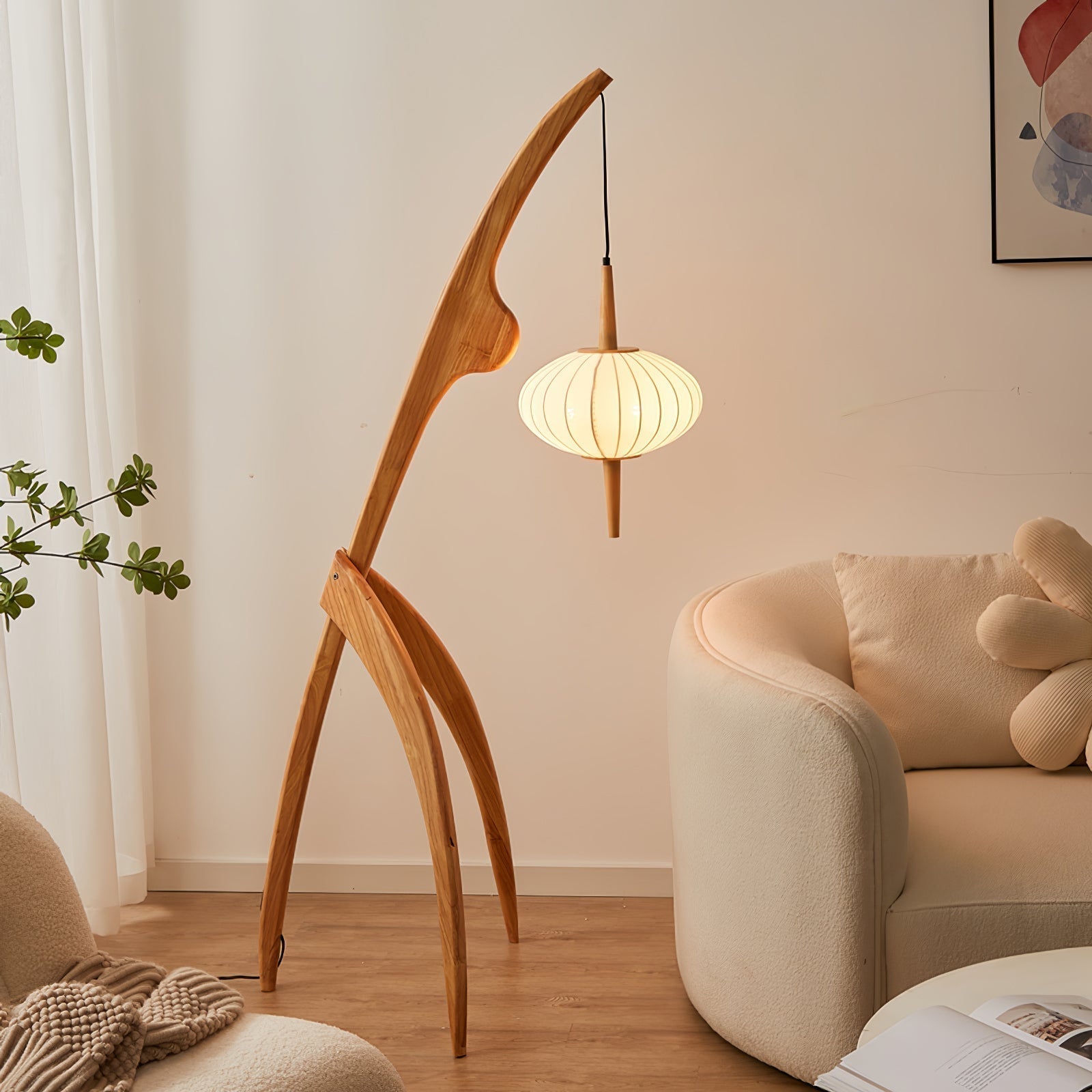 Mantis Wood Sculptural Floor Lamp with Silk Shade for Modern Ambient Living Room Lighting
