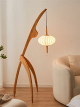 Mantis Wood Sculptural Floor Lamp with Silk Shade for Modern Ambient Living Room Lighting