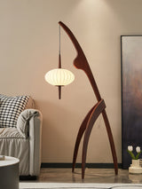 Mantis Wood Sculptural Floor Lamp with Silk Shade for Modern Ambient Living Room Lighting