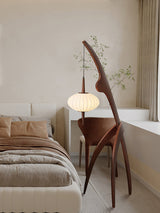 Mantis Wood Sculptural Floor Lamp with Silk Shade for Modern Ambient Living Room Lighting