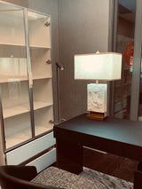 Elegant Marble and Brass Bedside Nightstand Table Lamp with Fabric Shade