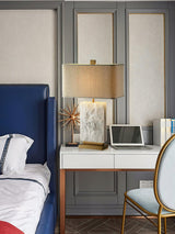 Elegant Marble and Brass Bedside Nightstand Table Lamp with Fabric Shade