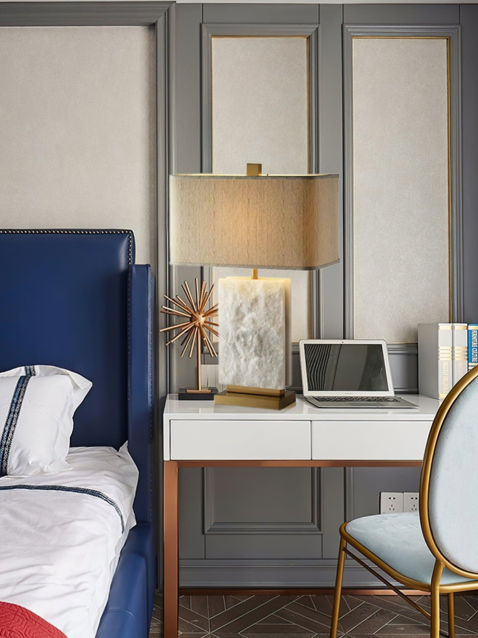 Elegant Marble and Brass Bedside Nightstand Table Lamp with Fabric Shade