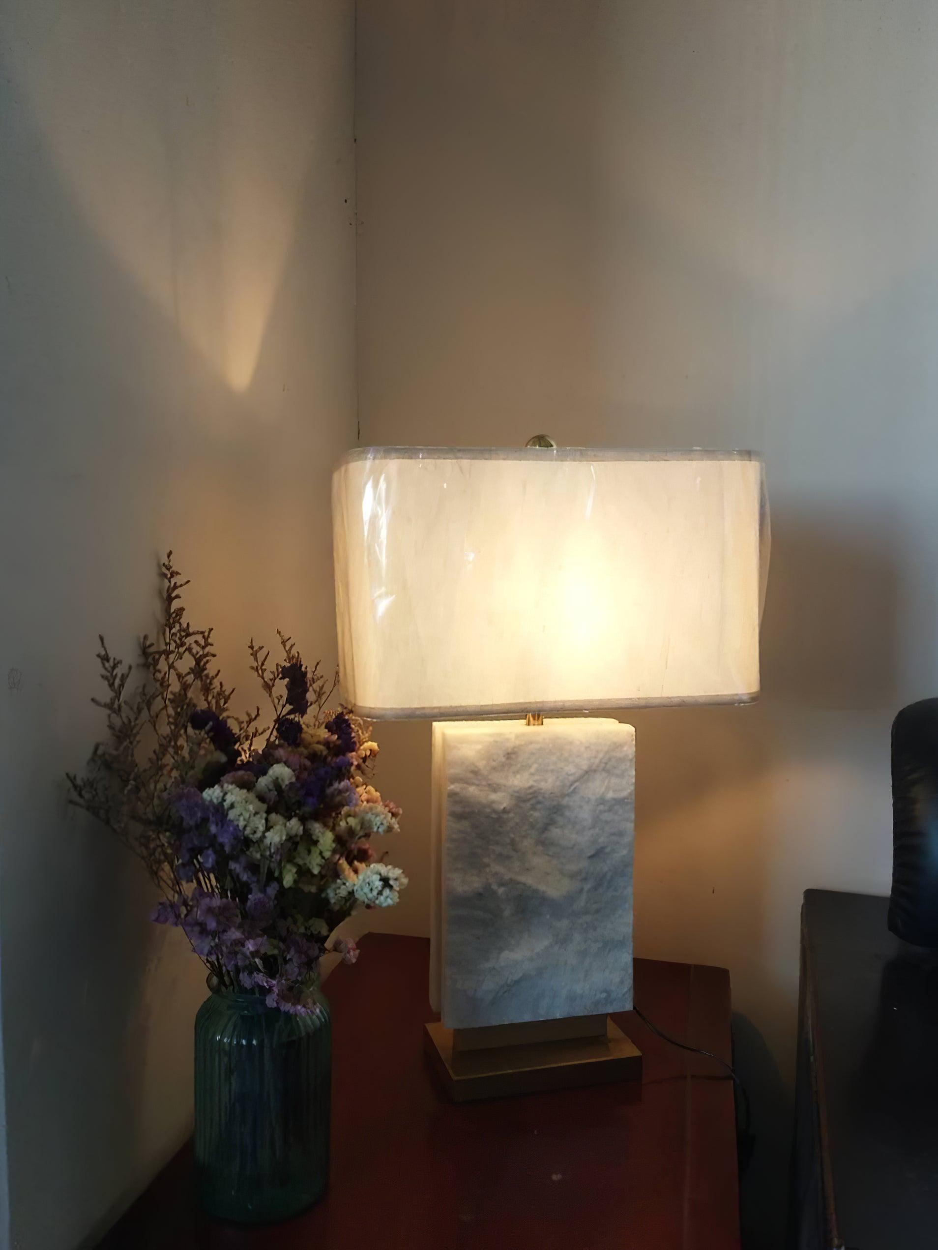 Elegant Marble and Brass Bedside Nightstand Table Lamp with Fabric Shade