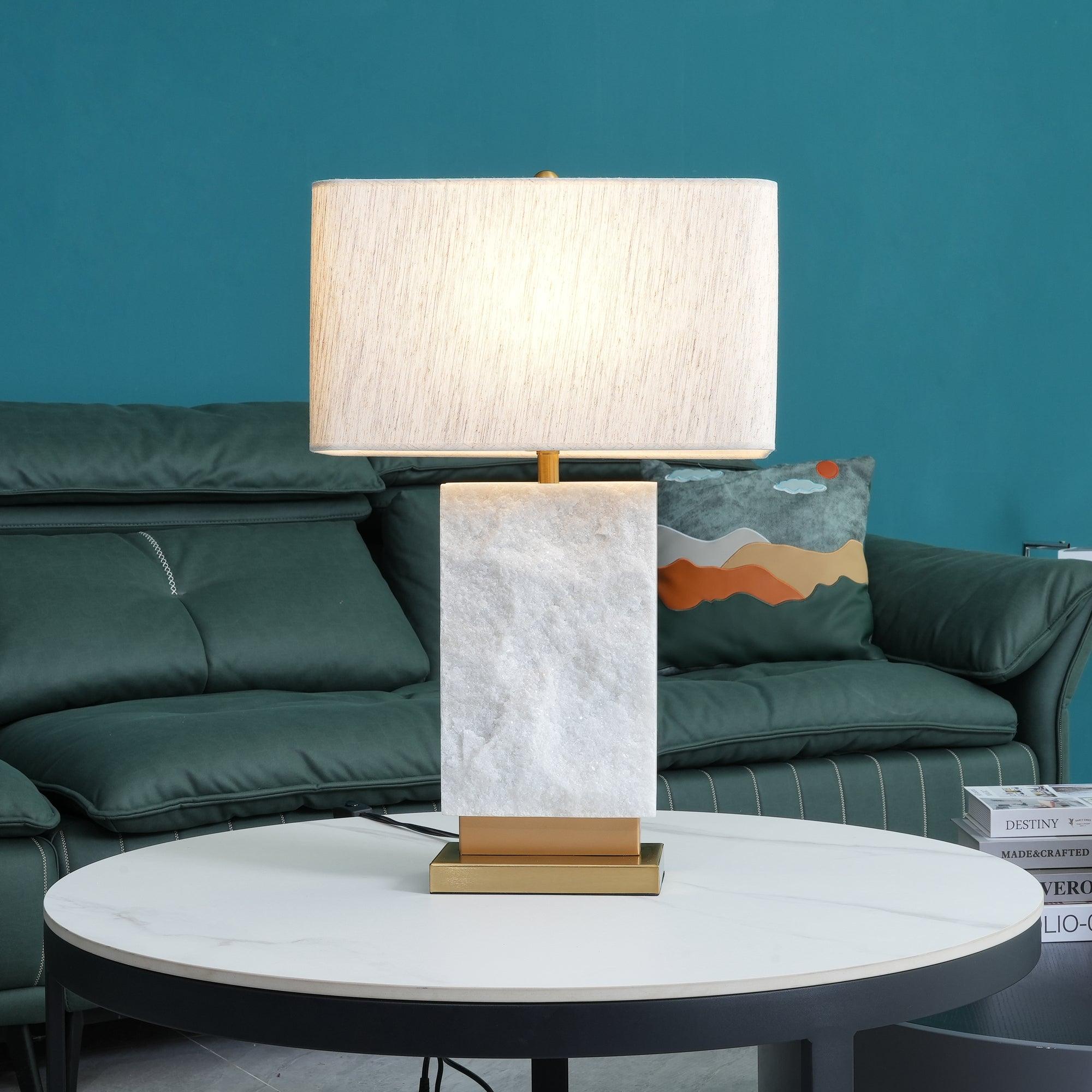 Elegant Marble and Brass Bedside Nightstand Table Lamp with Fabric Shade