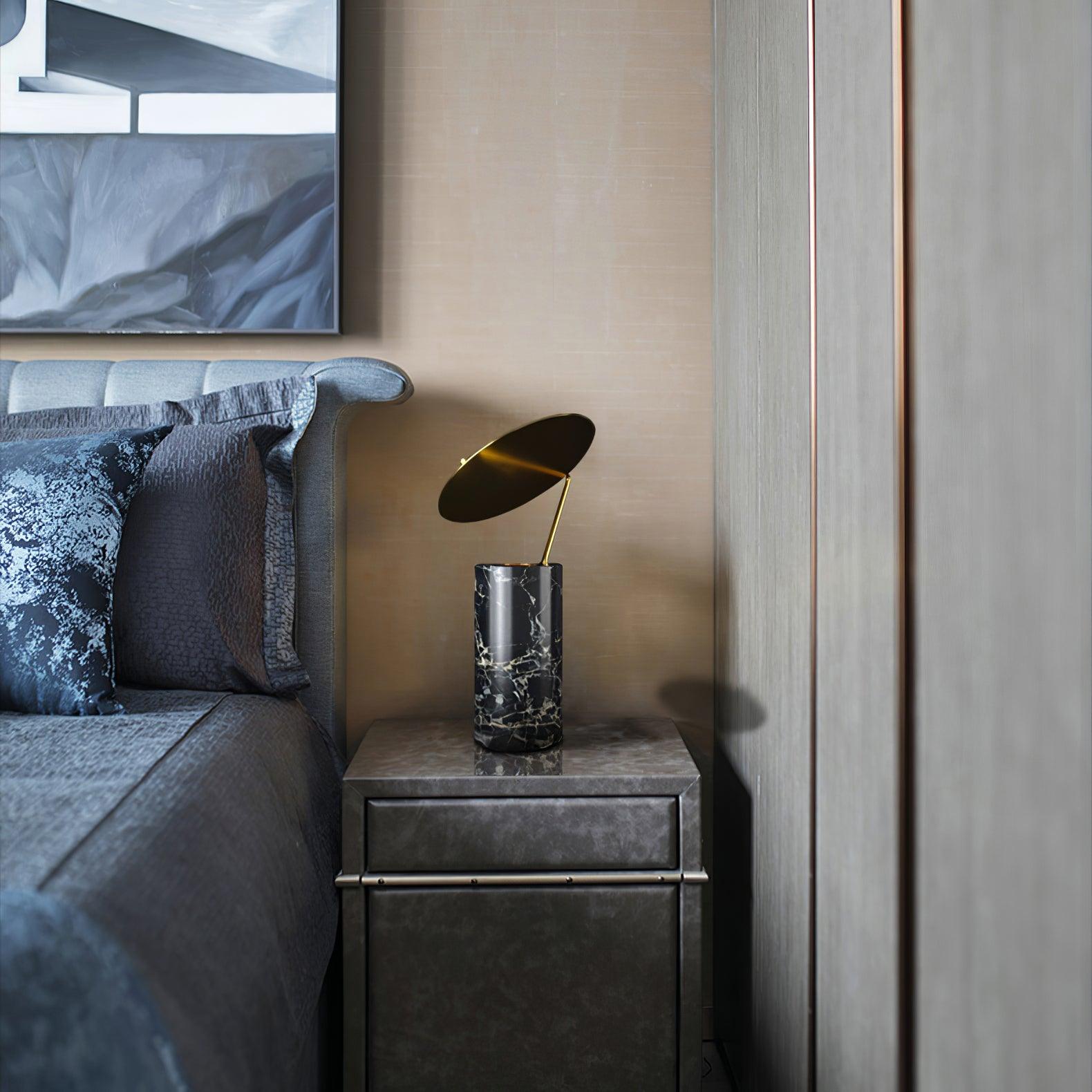 Modern Marble Geometric Base Table Lamp with Gold Shade for Bedside and Reading