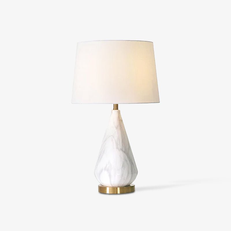 White Marble Geometric Diamond Table Lamp with White Fabric Shade and Copper Accents