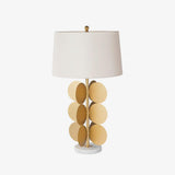 Sculptural Gold Metal Circle Table Lamp with Marble Base and White Fabric Shade for Modern Decor
