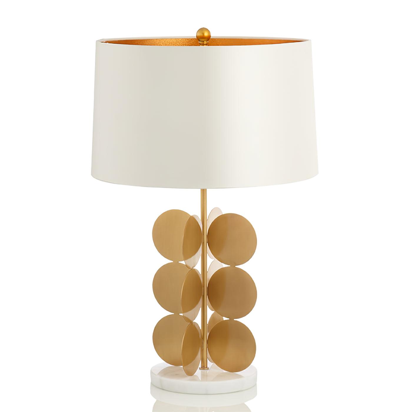 Sculptural Gold Metal Circle Table Lamp with Marble Base and White Fabric Shade for Modern Decor