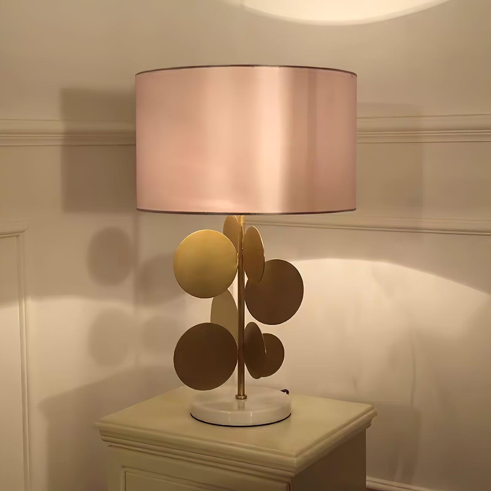 Sculptural Gold Metal Circle Table Lamp with Marble Base and White Fabric Shade for Modern Decor