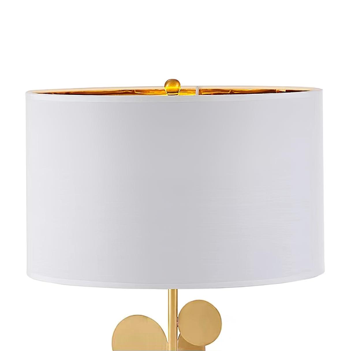 Sculptural Gold Metal Circle Table Lamp with Marble Base and White Fabric Shade for Modern Decor