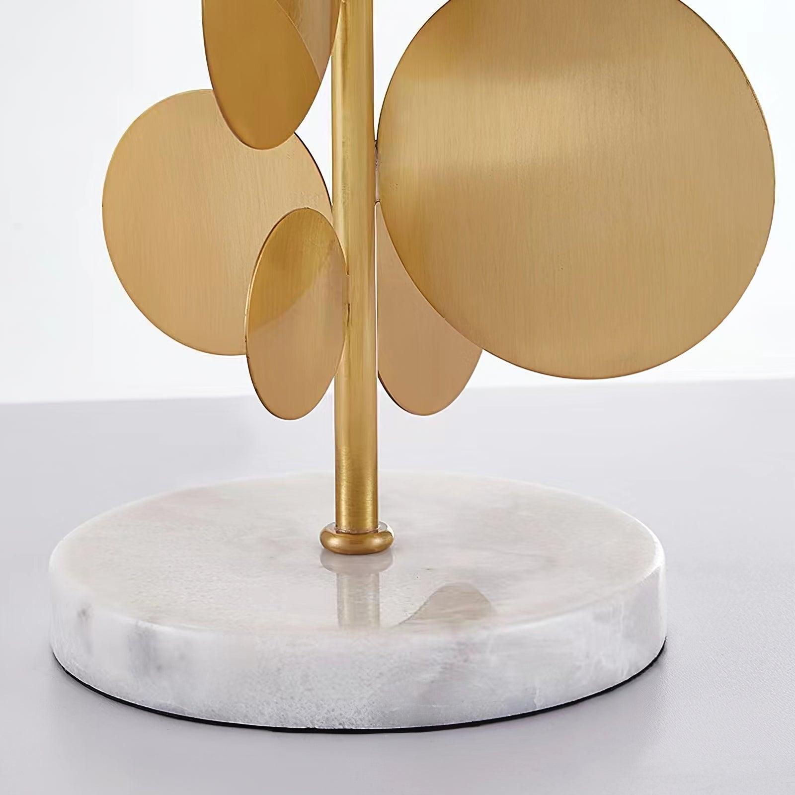 Sculptural Gold Metal Circle Table Lamp with Marble Base and White Fabric Shade for Modern Decor