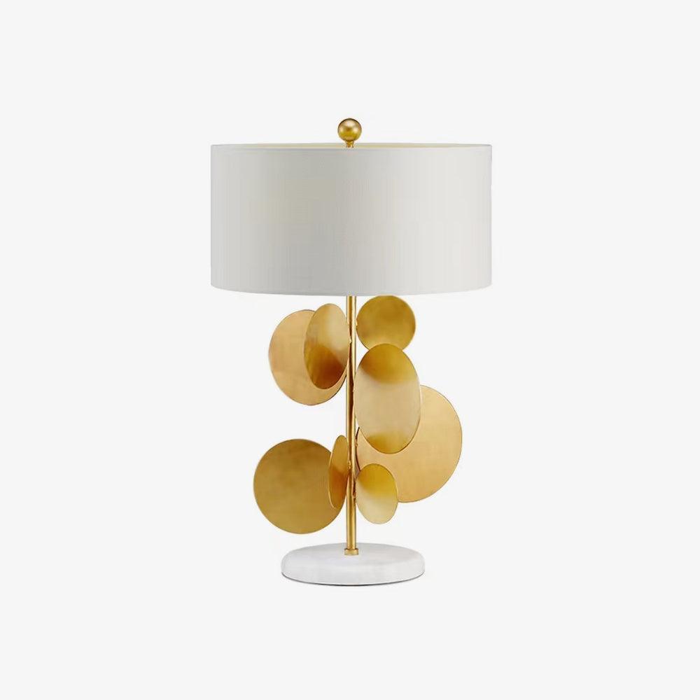 Sculptural Gold Metal Circle Table Lamp with Marble Base and White Fabric Shade for Modern Decor