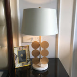 Sculptural Gold Metal Circle Table Lamp with Marble Base and White Fabric Shade for Modern Decor