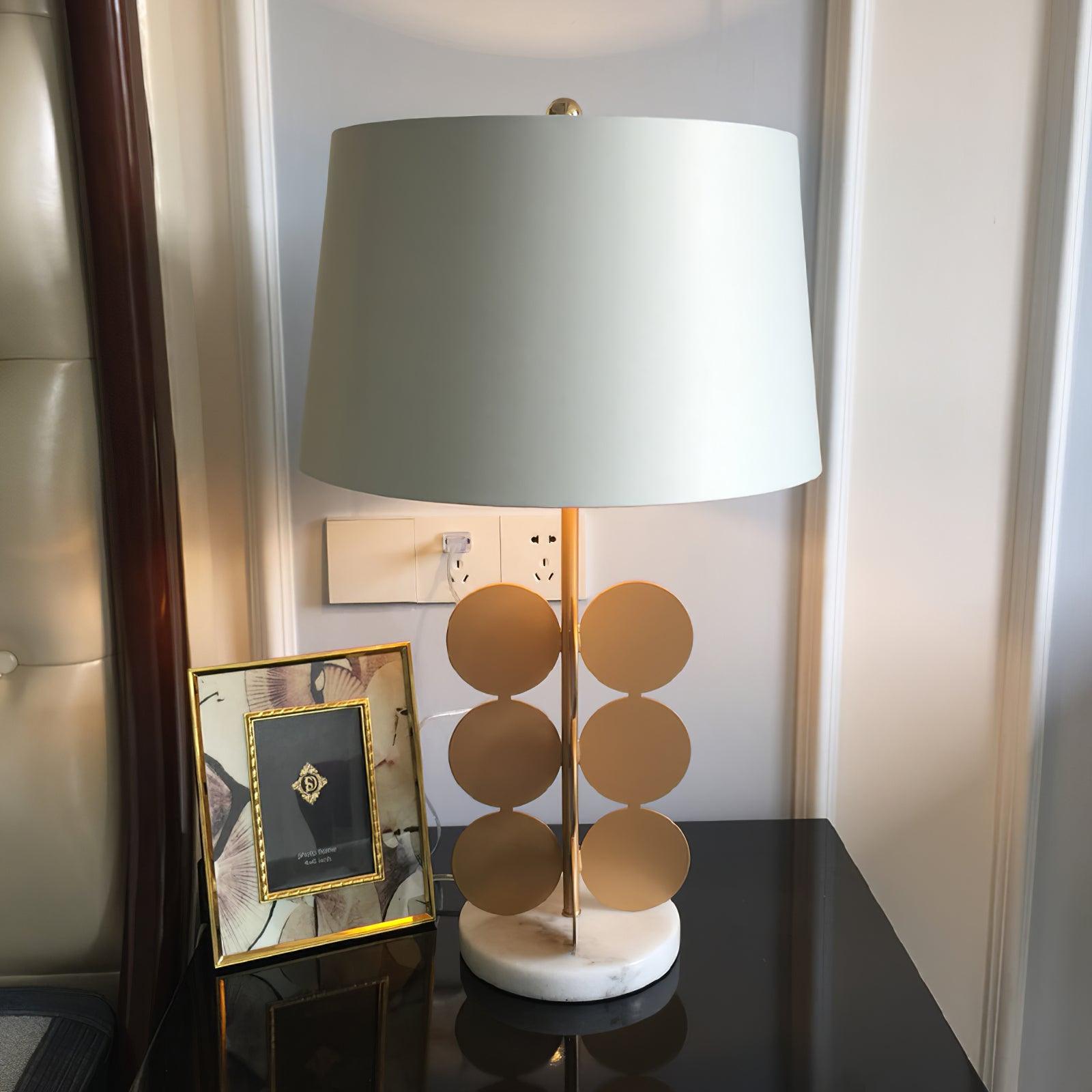 Sculptural Gold Metal Circle Table Lamp with Marble Base and White Fabric Shade for Modern Decor