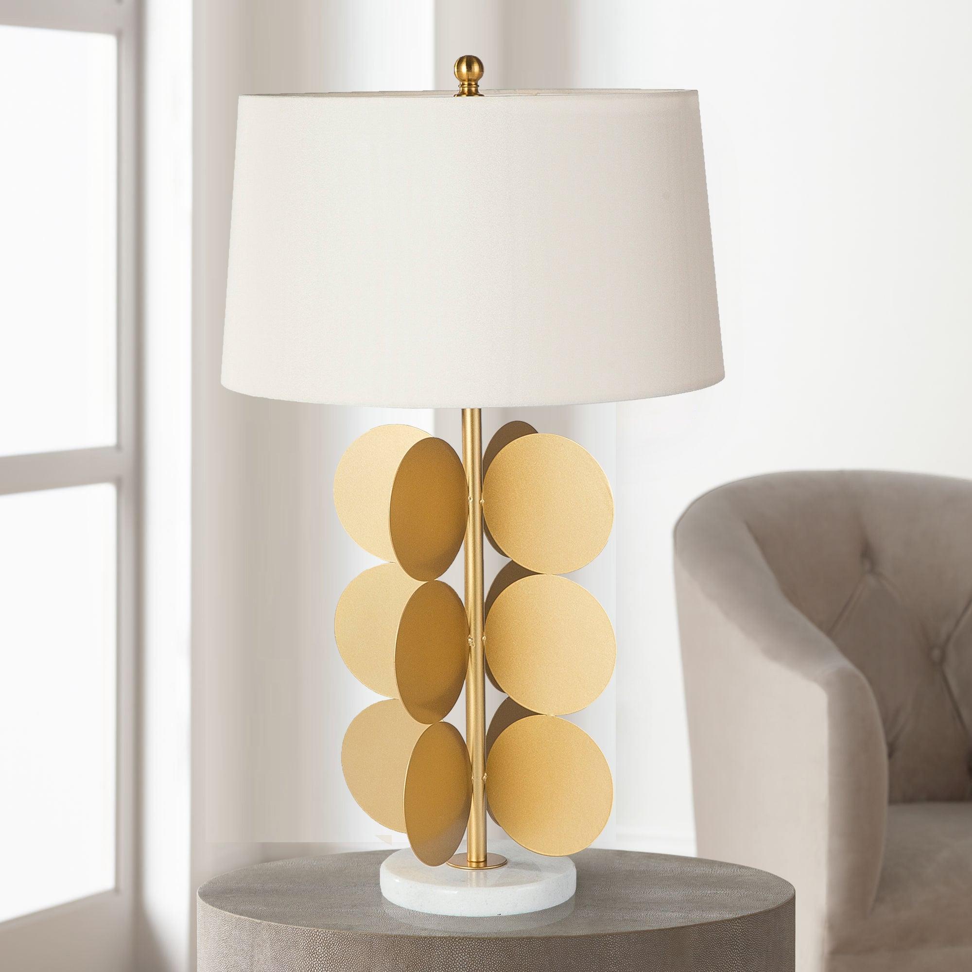 Sculptural Gold Metal Circle Table Lamp with Marble Base and White Fabric Shade for Modern Decor