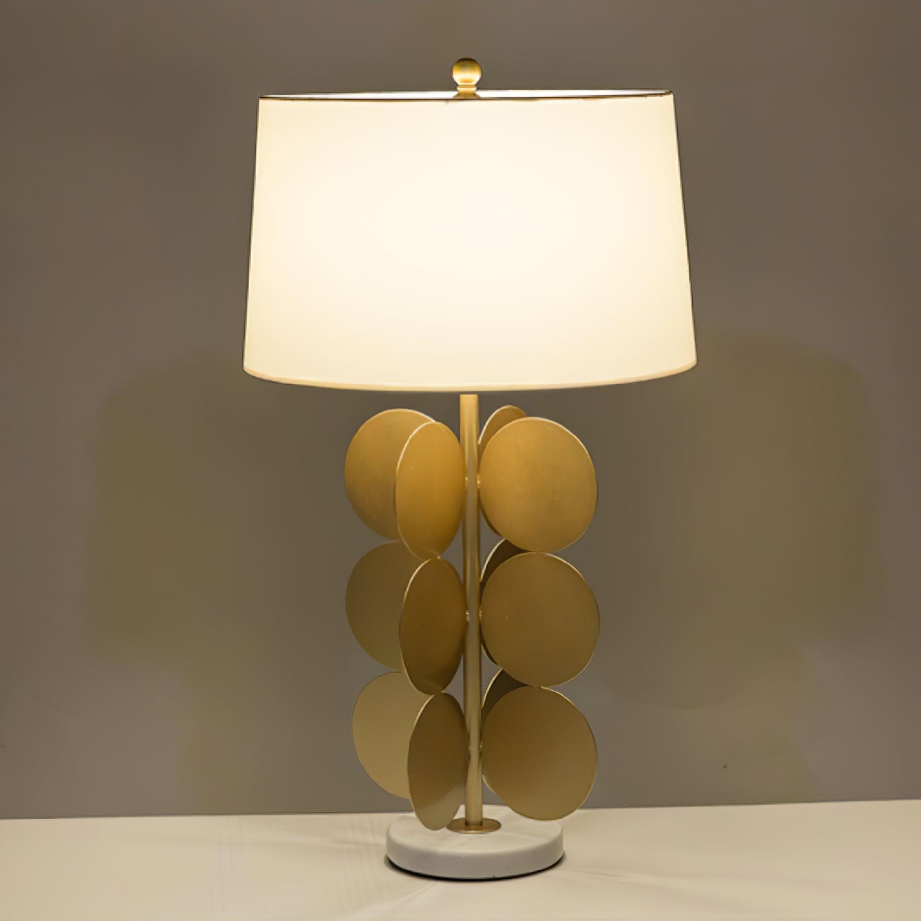 Sculptural Gold Metal Circle Table Lamp with Marble Base and White Fabric Shade for Modern Decor