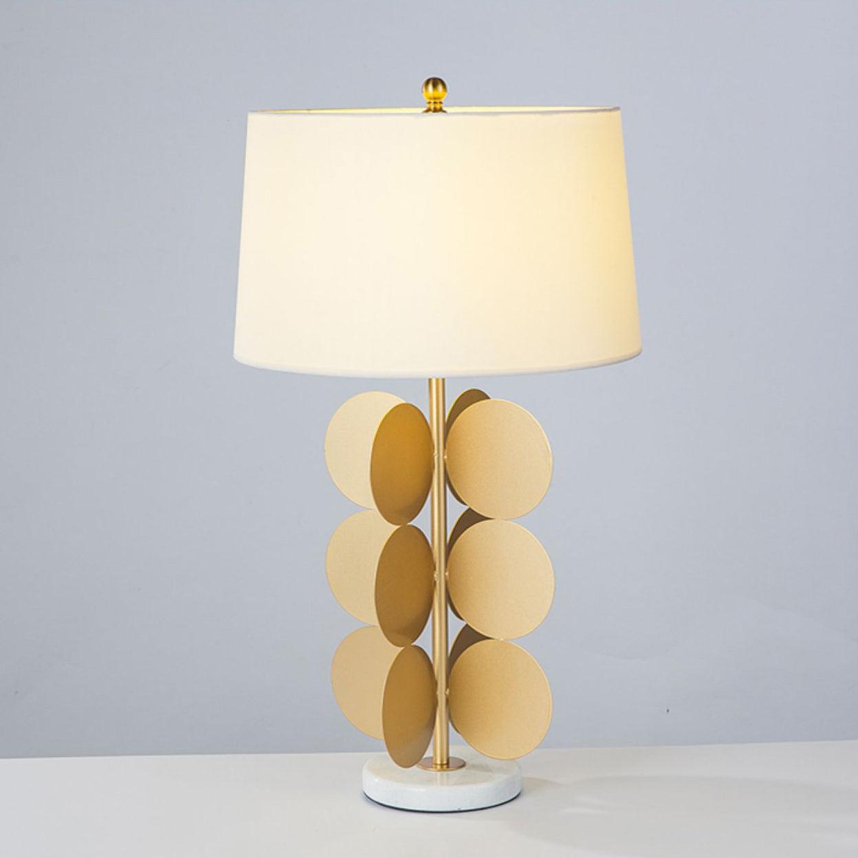 Sculptural Gold Metal Circle Table Lamp with Marble Base and White Fabric Shade for Modern Decor