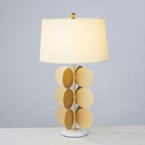 Sculptural Gold Metal Circle Table Lamp with Marble Base and White Fabric Shade for Modern Decor