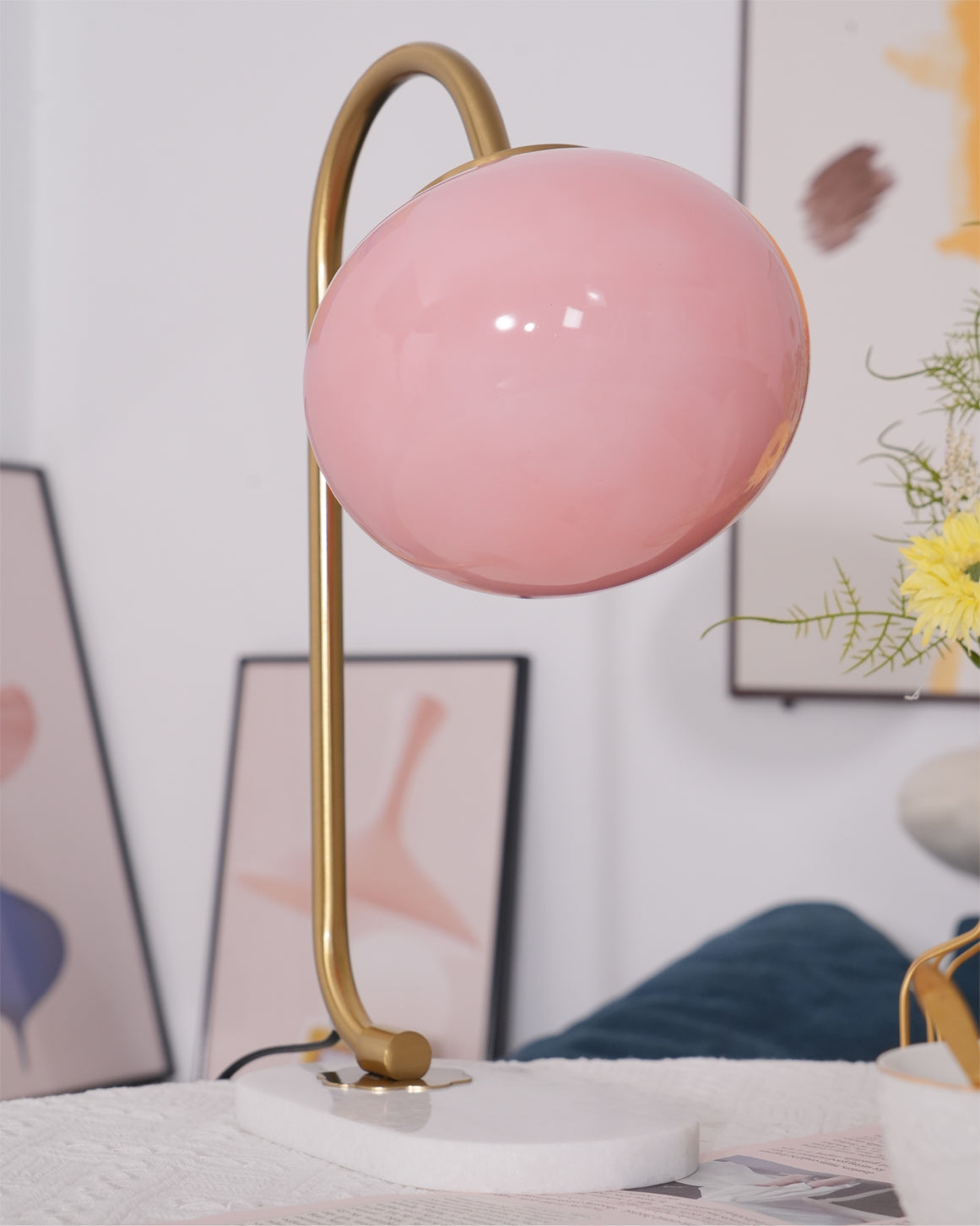 Elegant Geometric Table Lamp with Pink Glass Shade and Marble Base Gold Finish