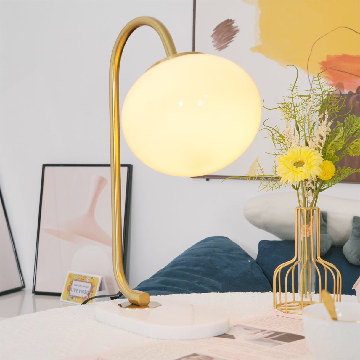 Elegant Geometric Table Lamp with Pink Glass Shade and Marble Base Gold Finish