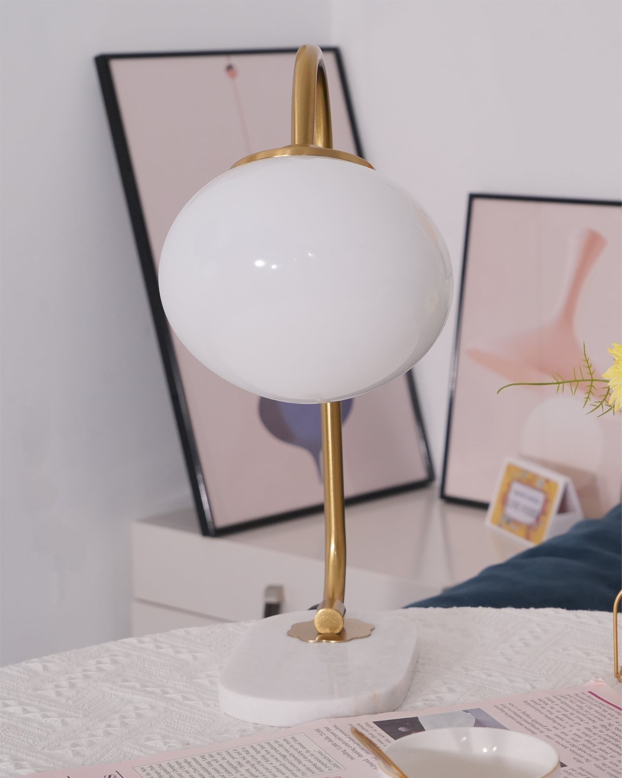 Elegant Geometric Table Lamp with Pink Glass Shade and Marble Base Gold Finish