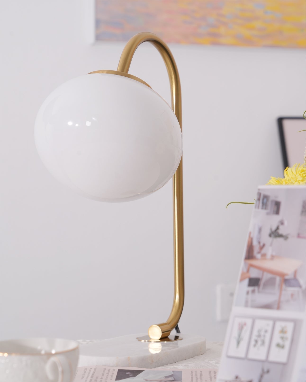 Elegant Geometric Table Lamp with Pink Glass Shade and Marble Base Gold Finish
