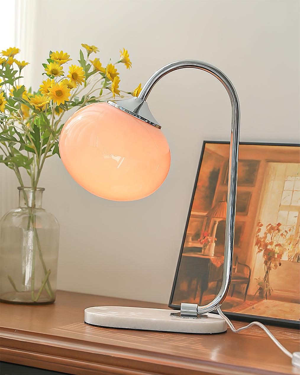 Elegant Geometric Table Lamp with Pink Glass Shade and Marble Base Gold Finish