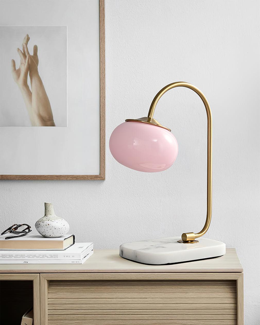 Elegant Geometric Table Lamp with Pink Glass Shade and Marble Base Gold Finish