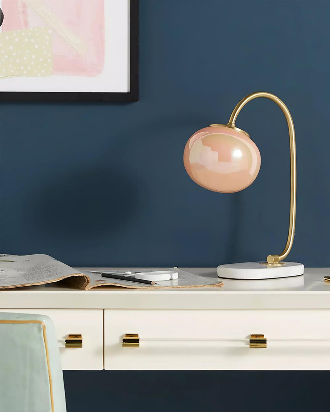 Elegant Geometric Table Lamp with Pink Glass Shade and Marble Base Gold Finish