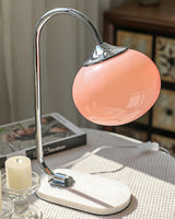 Elegant Geometric Table Lamp with Pink Glass Shade and Marble Base Gold Finish