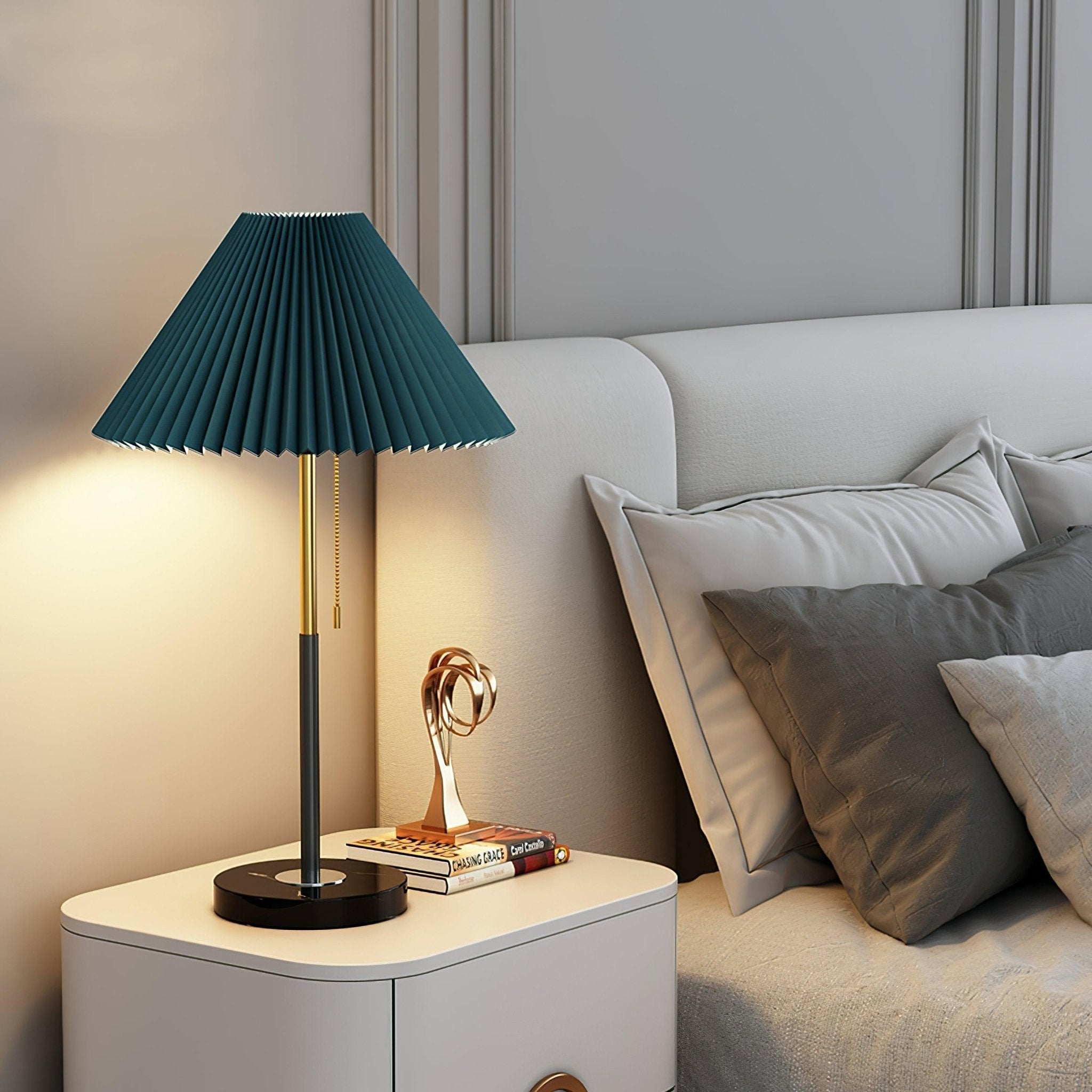 Elegant Pleated Fabric Table Lamp with Solid Marble Base Modern Nightstand Lighting for Living Room