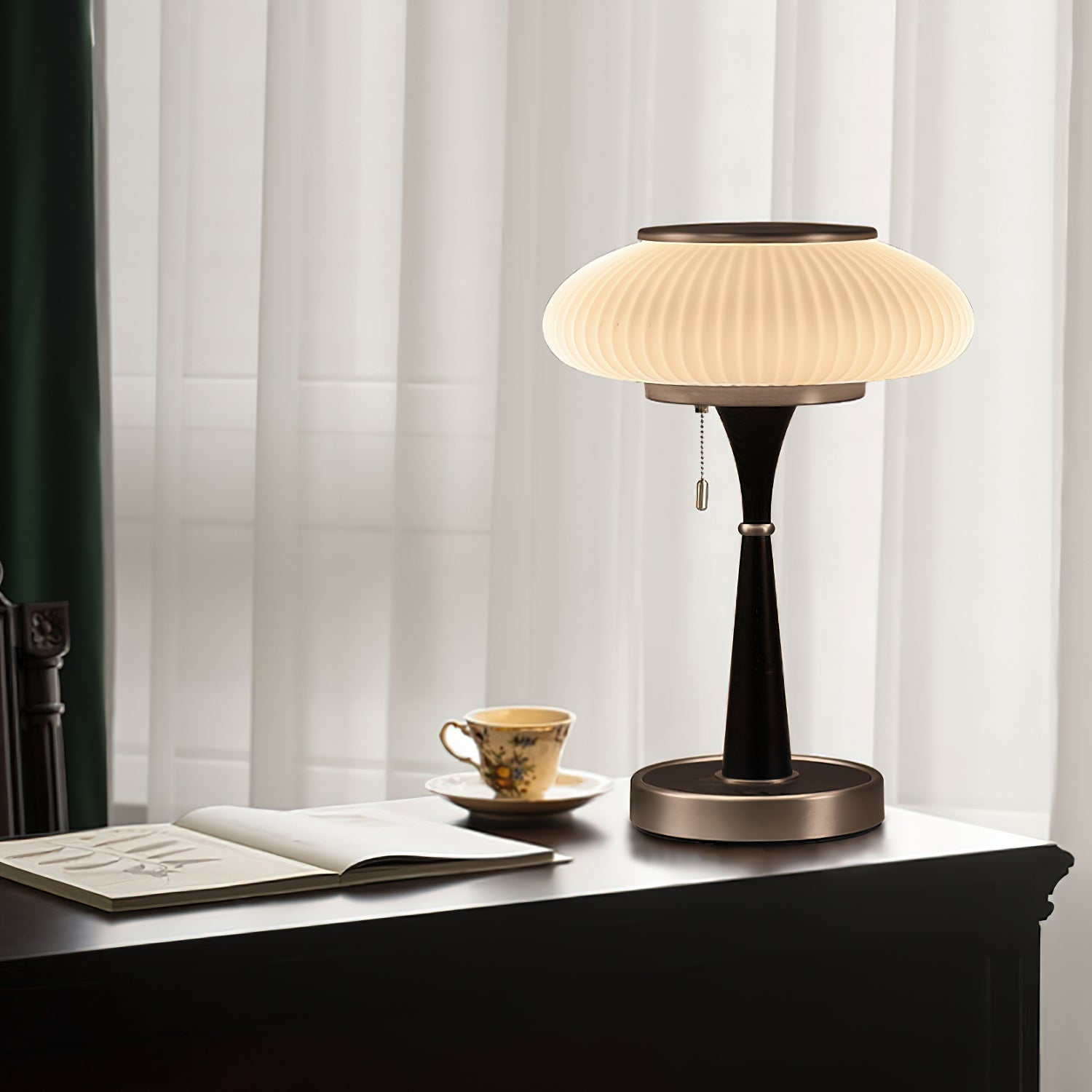 Matsutake Mushroom Table Lamp Mid Century Glass Bedside Light with Wood Base