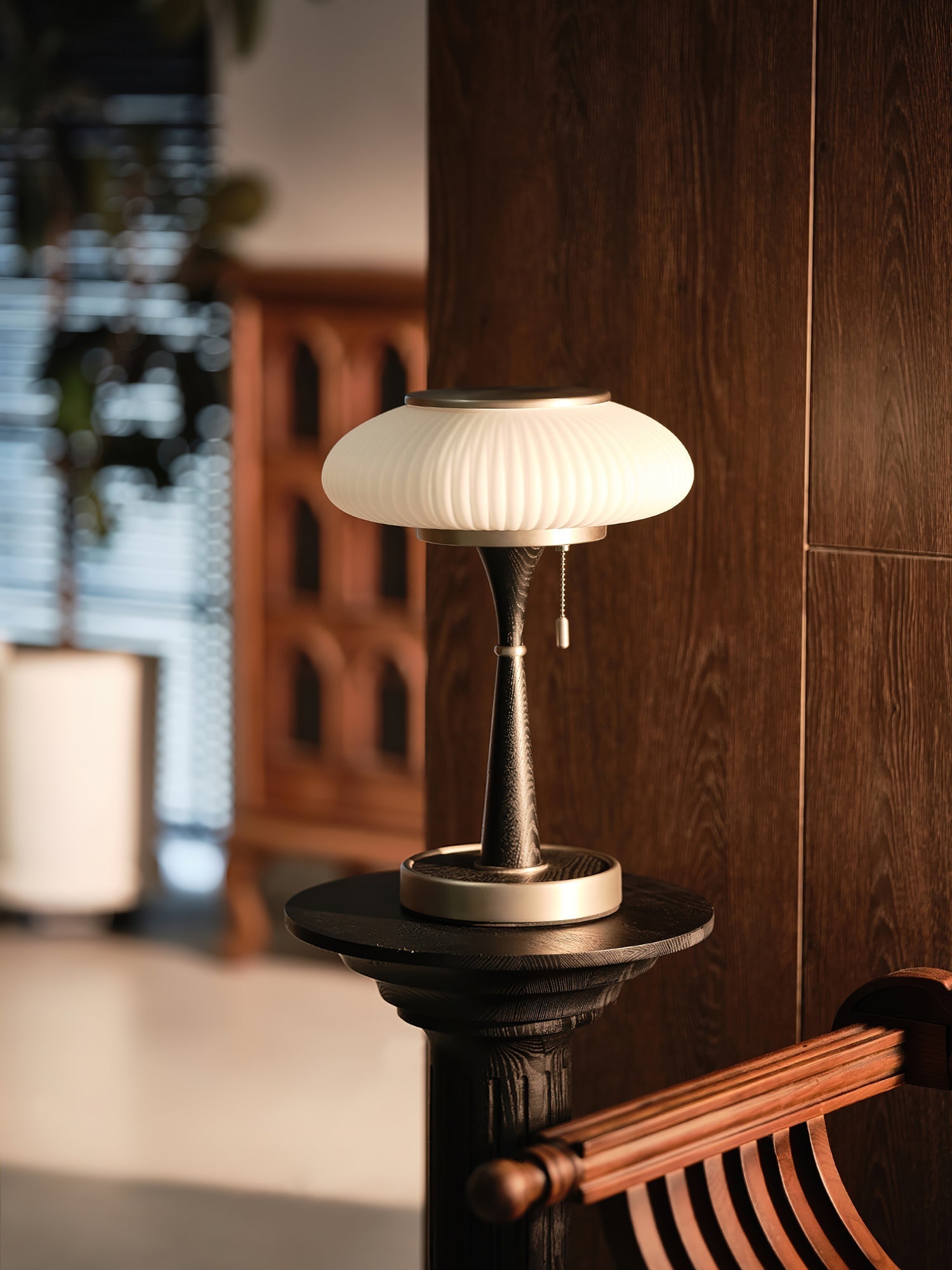 Matsutake Mushroom Table Lamp Mid Century Glass Bedside Light with Wood Base