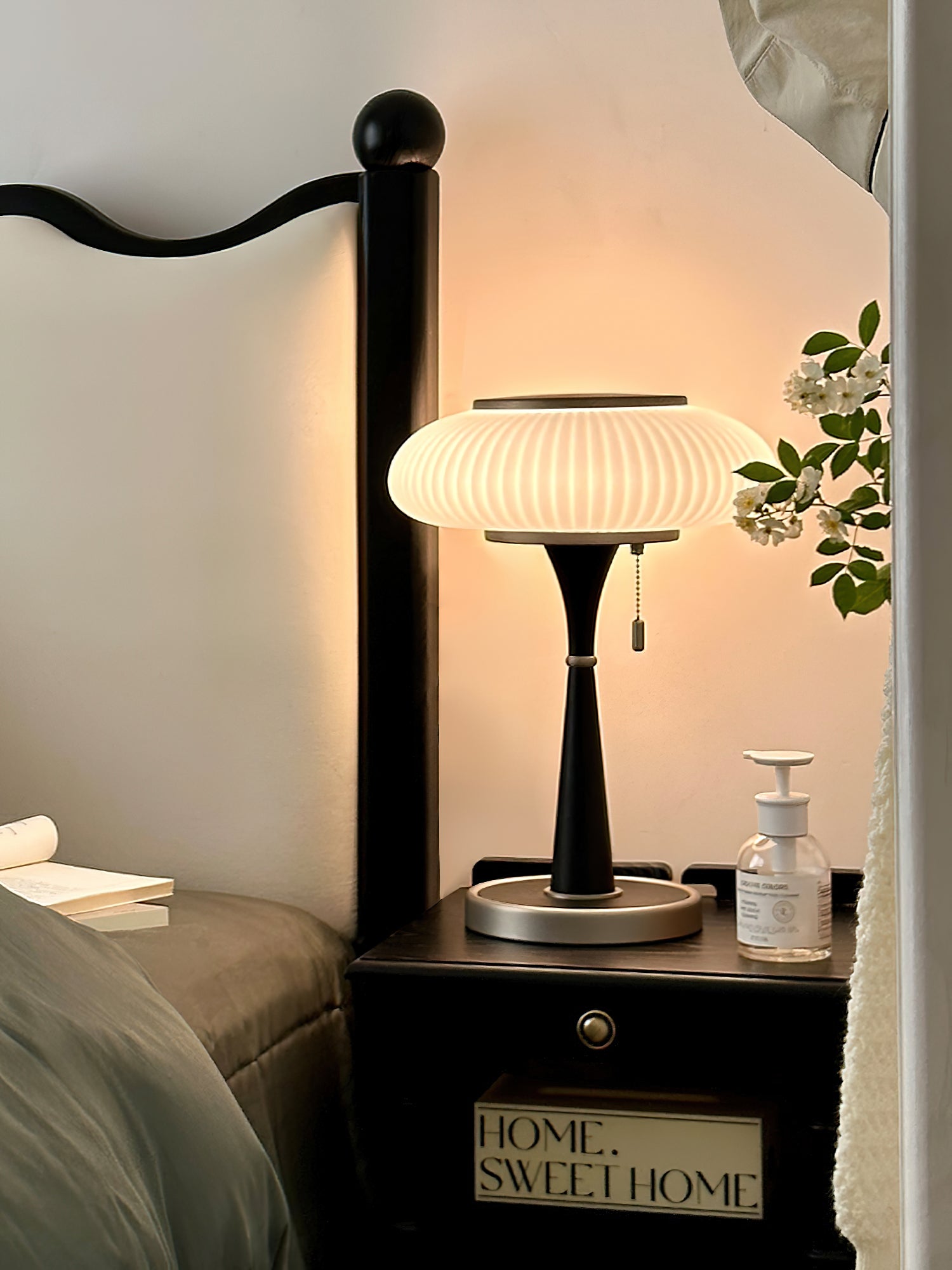 Matsutake Mushroom Table Lamp Mid Century Glass Bedside Light with Wood Base
