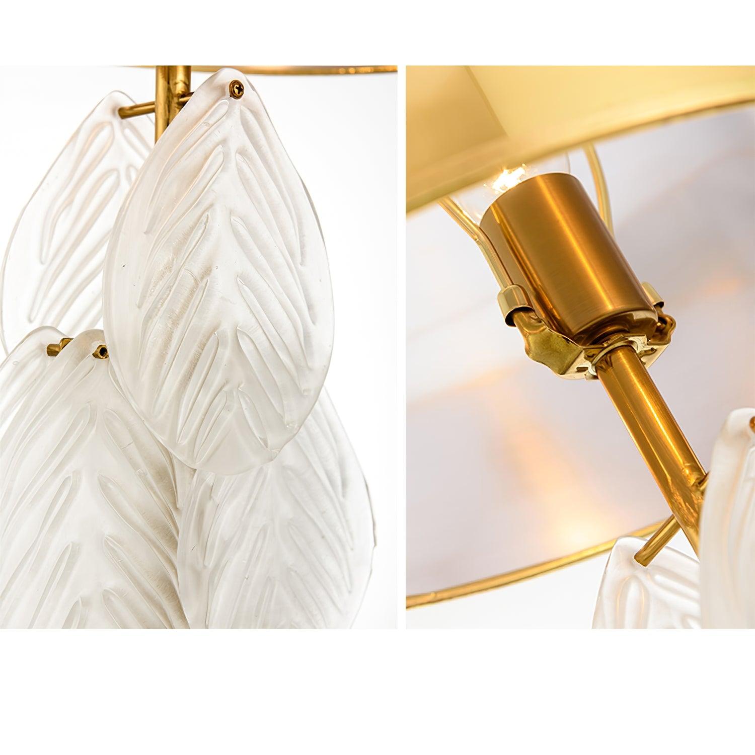 Modern Antique Gold Table Lamp with Clear Glass Leaf Accents and Fabric Drum Shade