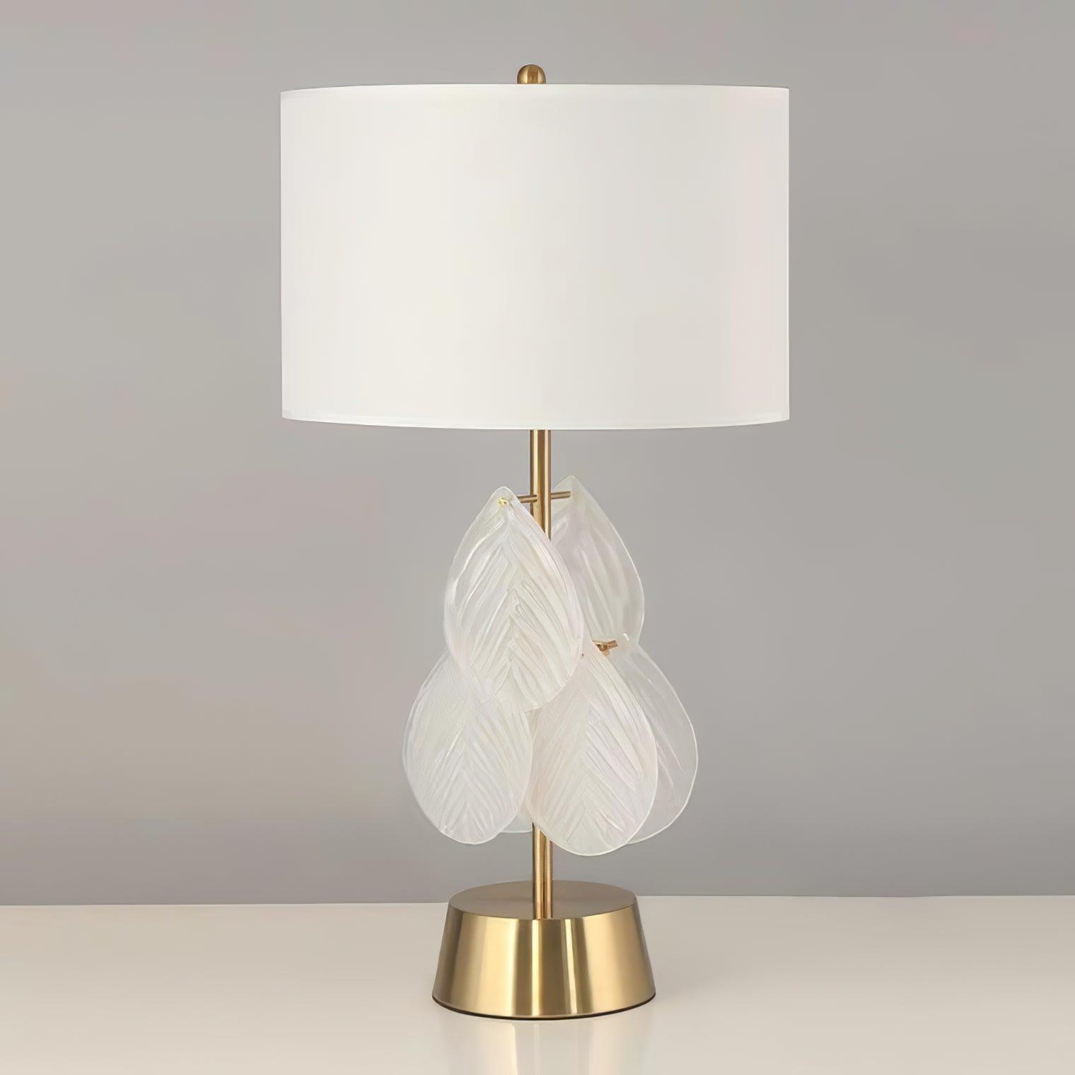 Modern Antique Gold Table Lamp with Clear Glass Leaf Accents and Fabric Drum Shade