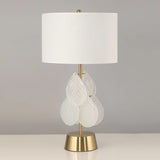 Modern Antique Gold Table Lamp with Clear Glass Leaf Accents and Fabric Drum Shade