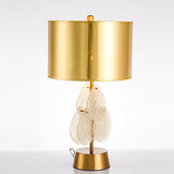 Modern Antique Gold Table Lamp with Clear Glass Leaf Accents and Fabric Drum Shade