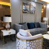 Modern Antique Gold Table Lamp with Clear Glass Leaf Accents and Fabric Drum Shade