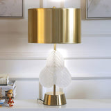Modern Antique Gold Table Lamp with Clear Glass Leaf Accents and Fabric Drum Shade