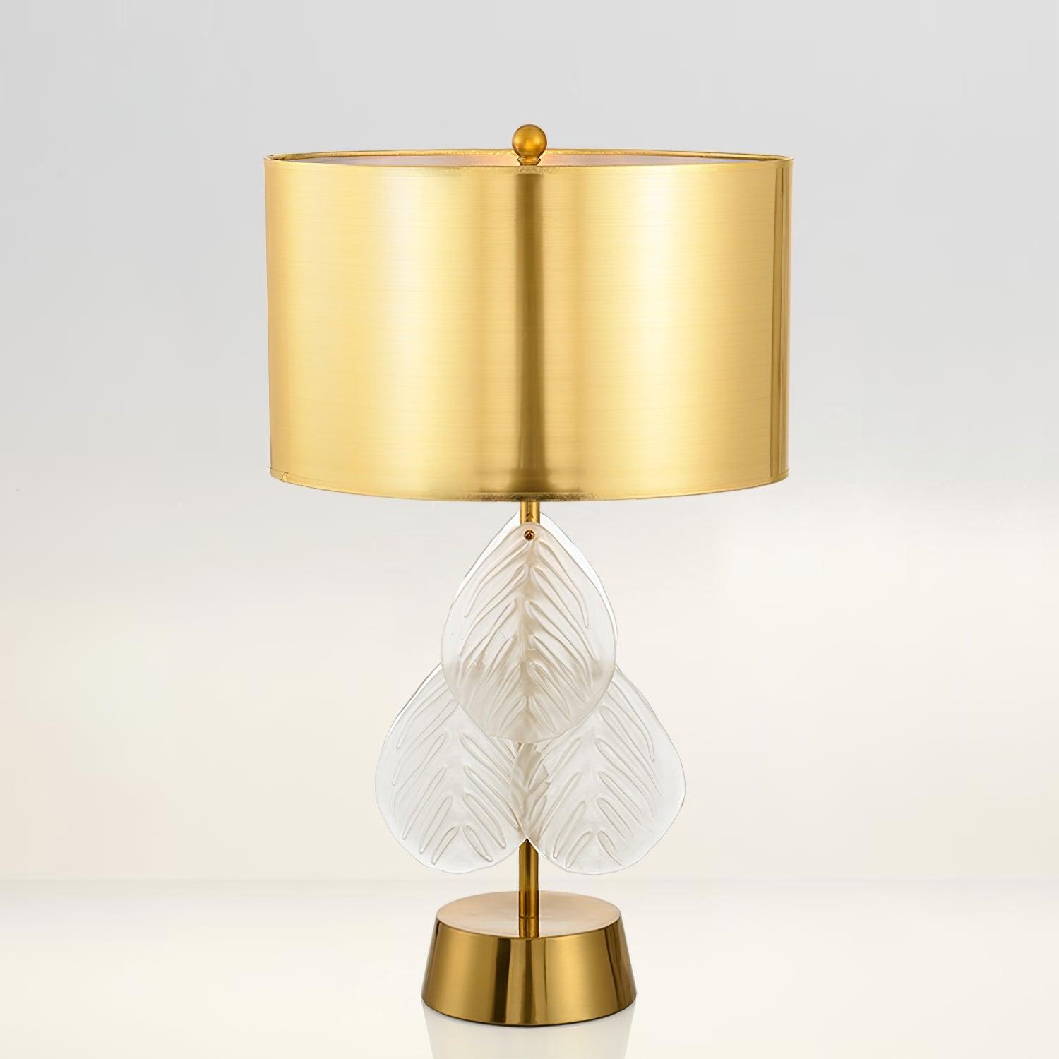 Modern Antique Gold Table Lamp with Clear Glass Leaf Accents and Fabric Drum Shade