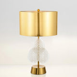 Modern Antique Gold Table Lamp with Clear Glass Leaf Accents and Fabric Drum Shade